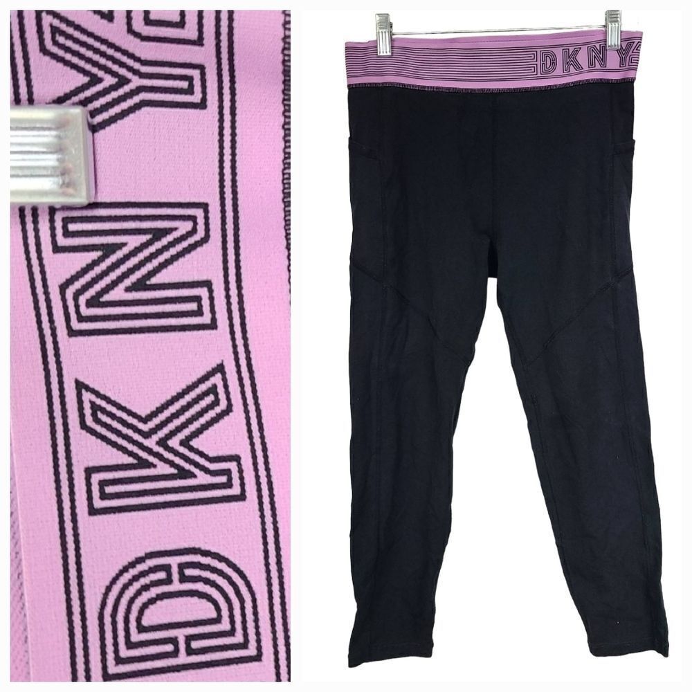 DKNY Sport High Waist Compression Leggings Side Pockets Track Logo Black/Pink L - Picture 4 of 12